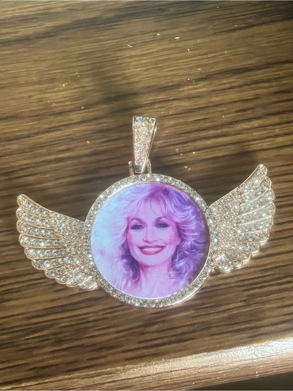 Silver-Tone Winged Photo Pendant Necklace — Pink Center